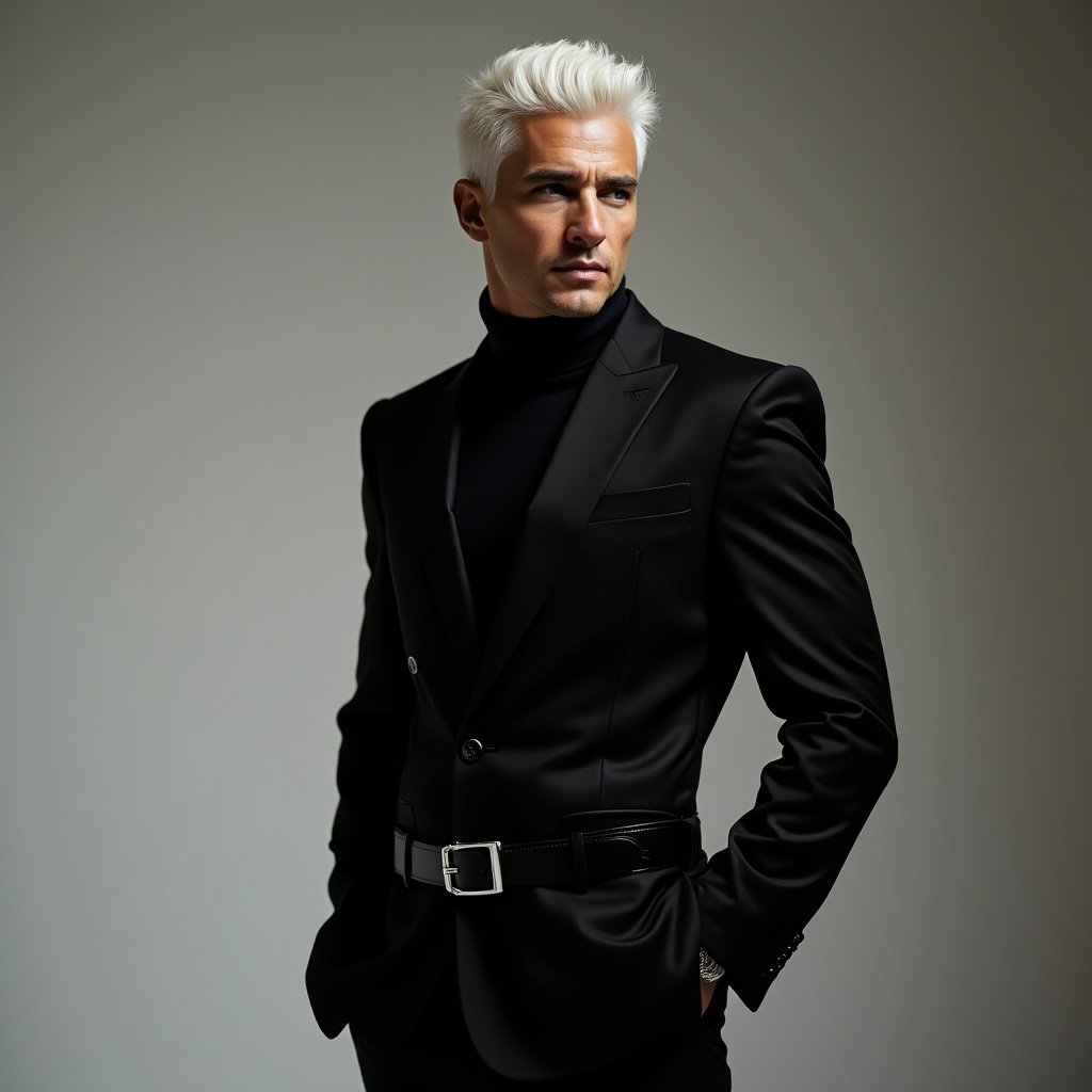 Image of a male in a full-length black suit with confidence and elegance. Attire includes a black turtleneck and pants. Prominent belt adds sophistication. Soft shadows from lighting enhance the dramatic effect of the monochromatic outfit. Hair is white and eyes are glowing blue. Skin color is brown.