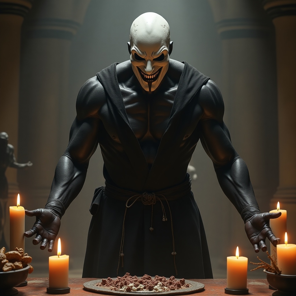 Muscular slim man with pitch black skin stands in a hunched back pose. He bares his teeth under his white mask that covers half his face. He is in dark robes performing a ritual surrounded by candles and offerings.