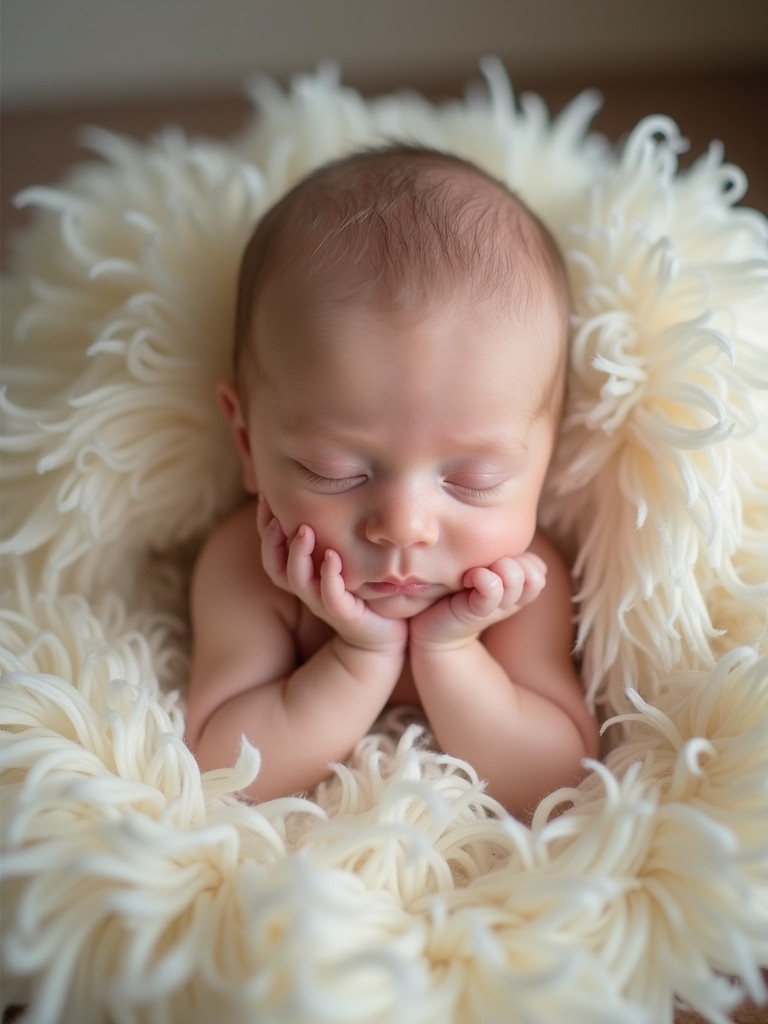 Infant boy lying peacefully in a fluffy cream blanket. Soft natural light highlights the baby's delicate features. Comfortable and serene atmosphere with a sense of innocence.