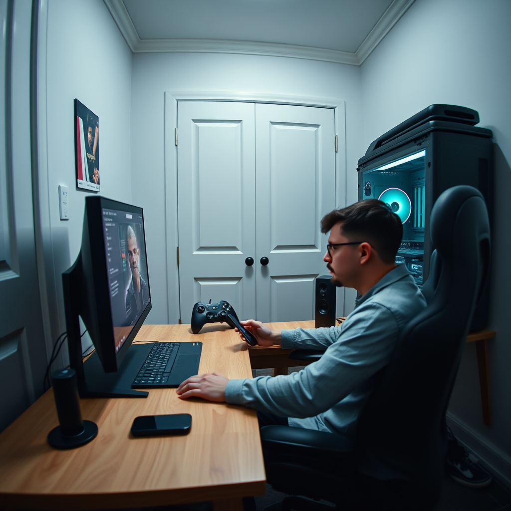 A person in a modern gaming setup, interacting intensely with screens and controllers in a dimly lit room.