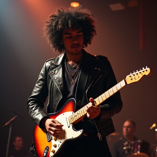 A male musician plays an electric guitar on stage. The musician has curly black hair and wears a leather jacket. A necklace is worn around the neck. The performance takes place in front of an audience at a college venue.