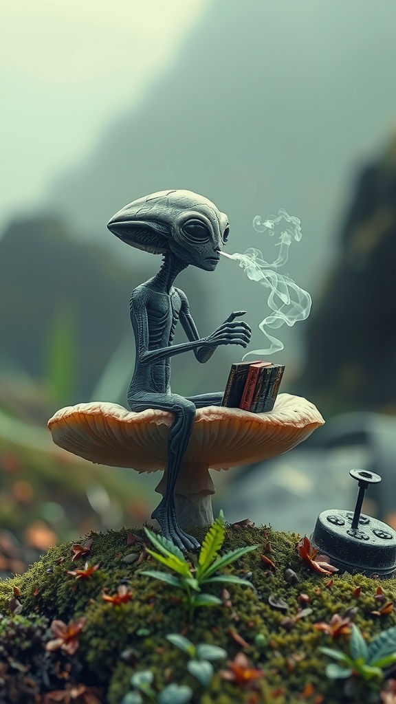 The image features a small extraterrestrial figure seated atop a large mushroom in a forest-like environment. The alien is holding a smoking object, suggesting a moment of relaxation or contemplation. The background is misty, adding a sense of mystique and otherworldliness.