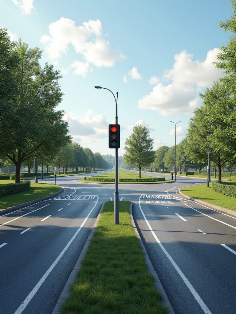 Intersection view with traffic signals on two dual carriageway roads. No signage present. Clear sky and lush green trees along the roads.