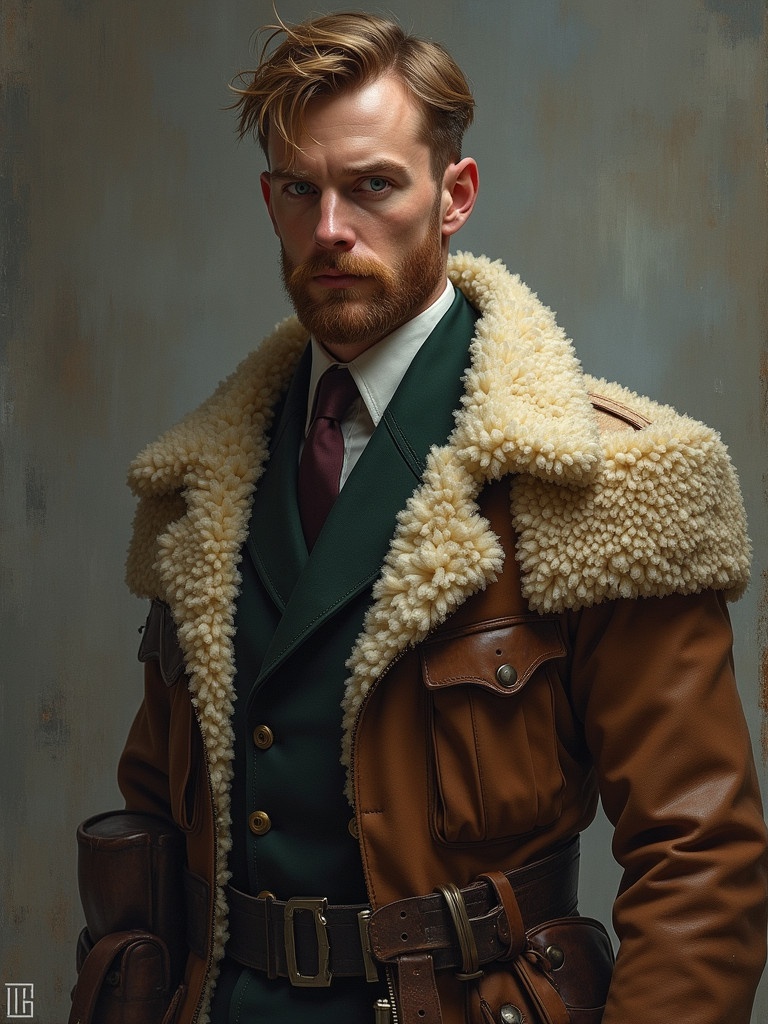 A male figure dressed in a vintage shearling jacket with a tailored green suit. The outfit features a brown leather exterior and a wool collar. The background has a neutral color tone. A stylish ensemble with clear attention to detail and texture. Ideal for showcasing men's fashion and vintage styles.