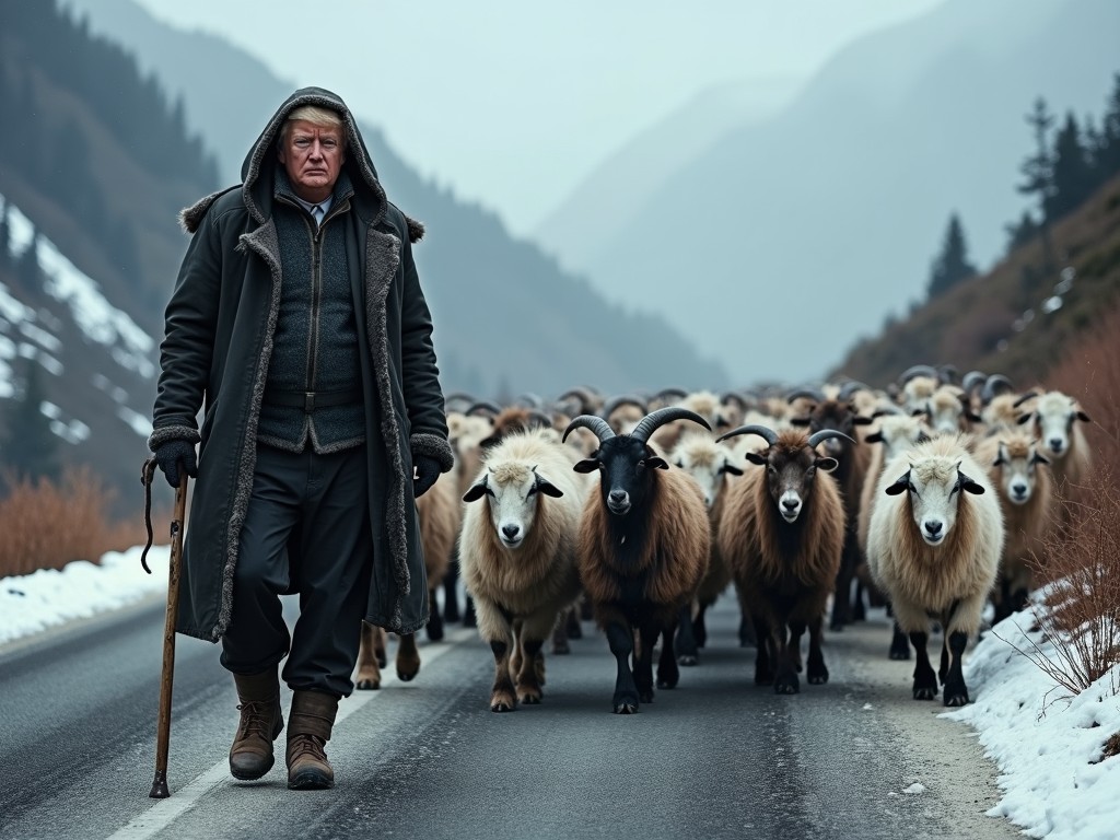 A solitary shepherd leads a flock of sheep through a snow-dusted mountain pass. Clad in a heavy coat and carrying a wooden staff, the shepherd appears resilient and focused. The backdrop of misty mountains creates a serene yet dramatic atmosphere, underscoring the solitary nature of the shepherd's life.