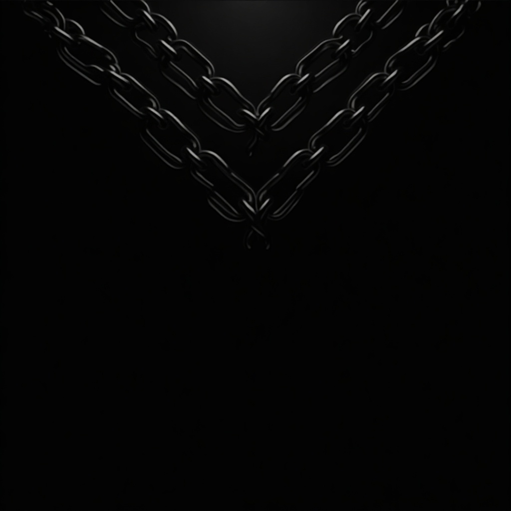 Black background features silver chains. Edgy design emphasizes simplistic layout. Main focus is on the chains.