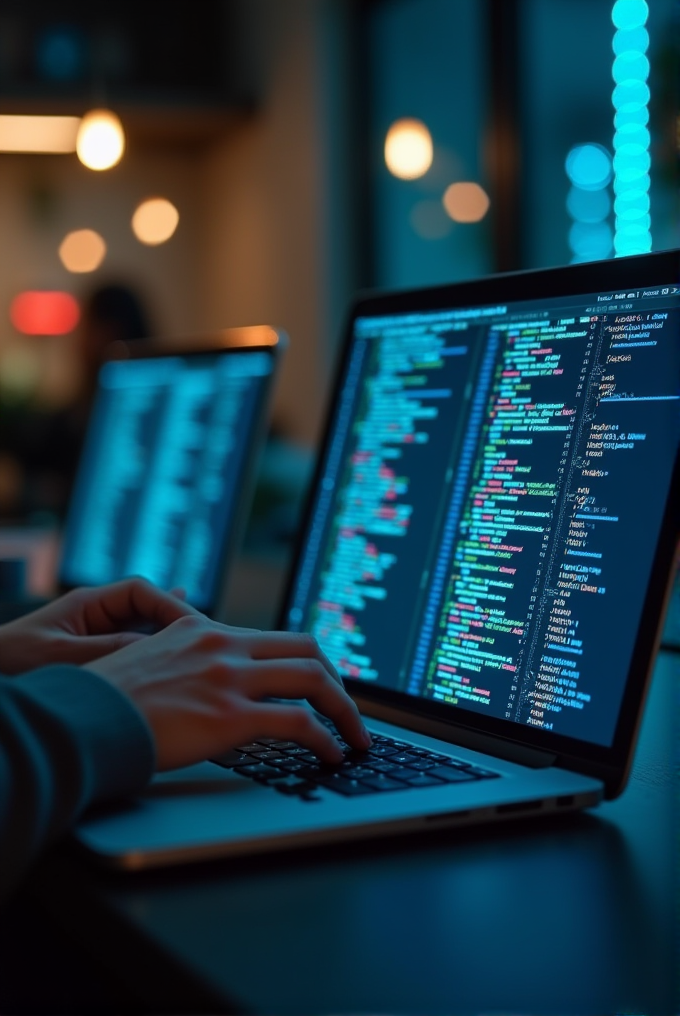 A person is typing code on a laptop in a dimly lit room with blurred lights in the background.