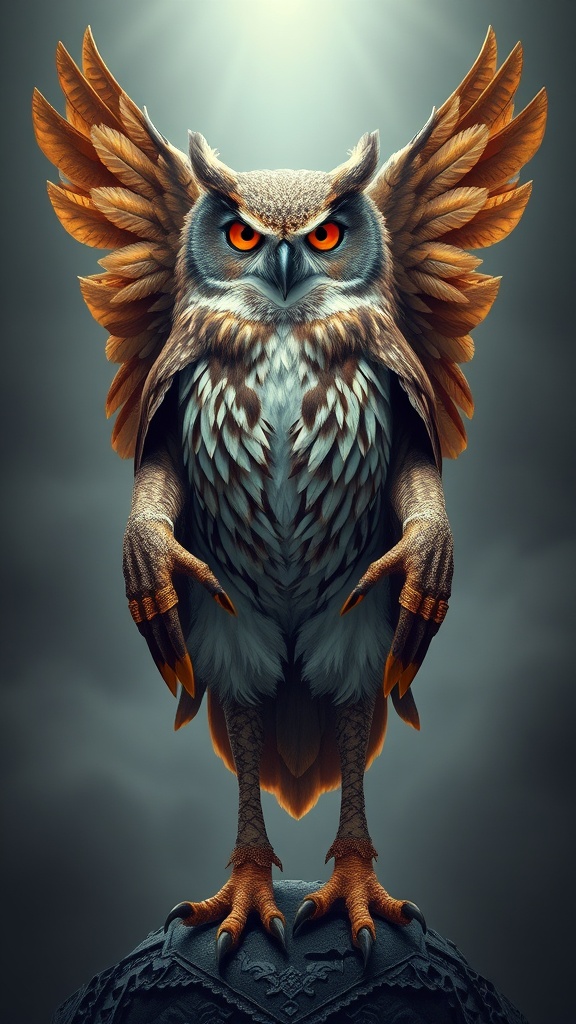 This image features a majestic owl perched atop a stone structure, with its wings partially spread in a commanding pose. The owl's vibrant orange eyes stand out against the muted, mystical background, creating an atmosphere of awe and reverence. The intricate detailing of the owl's feathers, combined with the dramatic, spotlight-like lighting, enhances its regal and mythical appearance.