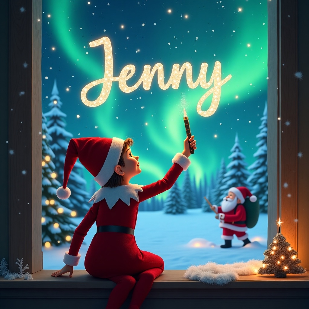 The image features a girl dressed as an elf on the shelf, with her back to the viewer. She is facing the night sky, enchanting the atmosphere with a magical wand. The wand creates the name 'Jenny' in sparkling letters above her. The background is a winter wonderland filled with snowy trees and illuminated by the northern lights. In the distance, Santa Claus can be seen, adding to the festive spirit. The scene evokes feelings of joy and wonder that are characteristic of the Christmas season.