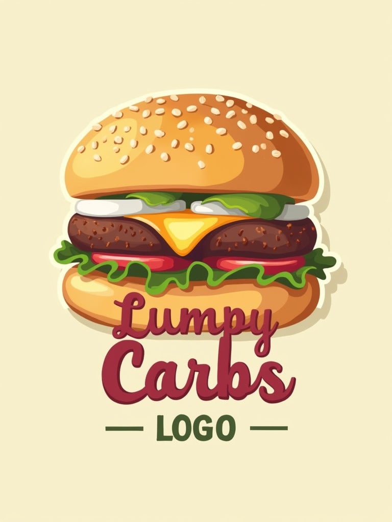 A colorful logo featuring a hamburger. The hamburger has a sesame seed bun, lettuce, tomato, cheese, pickles, and a veggie patty. The name 'Lumpy Carbs' is displayed in bold lettering beneath the burger.