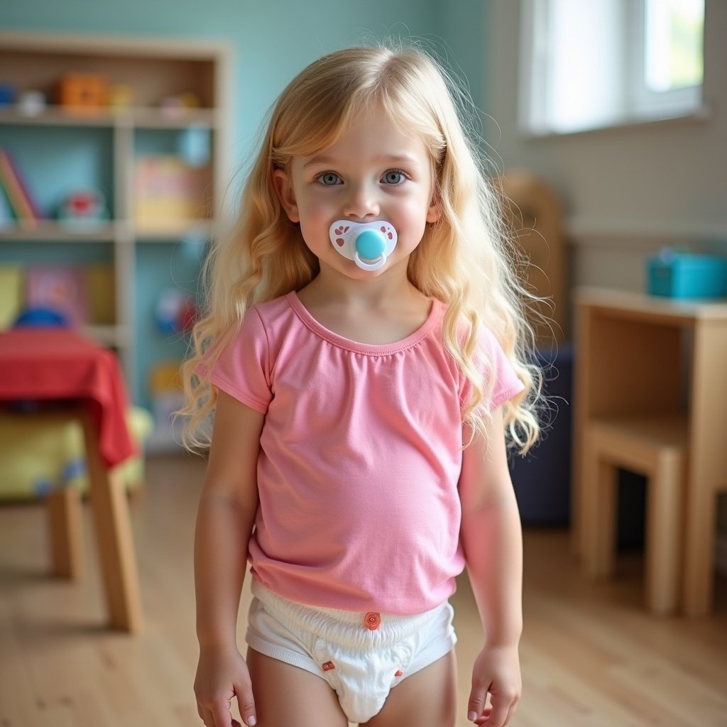 An 8-year-old girl with long blonde hair is in a daycare. She wears a pink shirt and diapers. A pacifier is in her mouth. She looks directly at the camera.