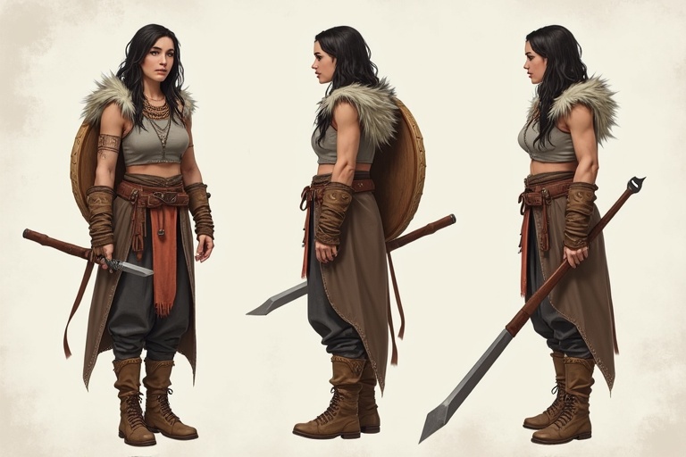 Character turnaround sheet of a young woman warrior. She has Patagonic features. Show front side and back views. She is dressed in a warrior outfit. She carries a spear and a shield. Include details like boots and hair. Emphasize her confident pose and stance.