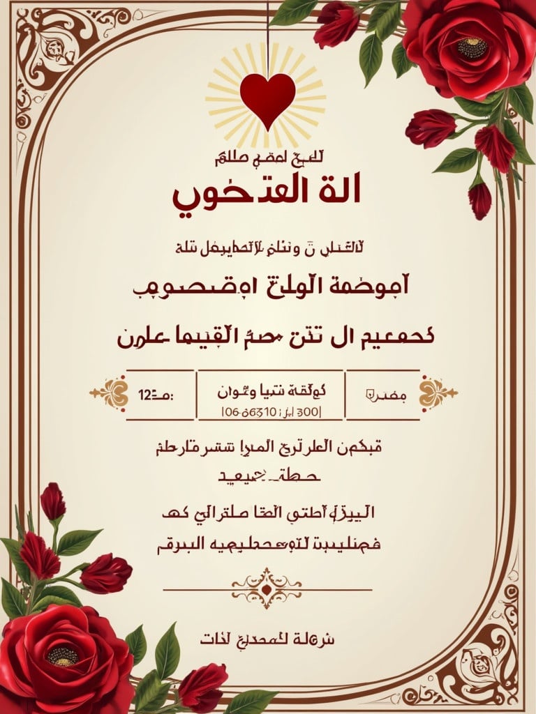 Wedding invitation design in elegant Arabic style for Ahmed and Mai. Date is February 2nd, 2025. Venue is El Mohandeseen Hall in the 10th of Ramadan city. Rich floral decoration in red and green. Classic wedding invitation text included.