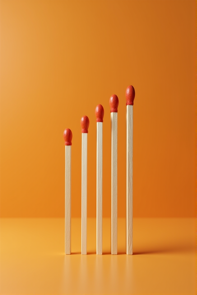 Five matchsticks of increasing height are arranged in a row against an orange background.