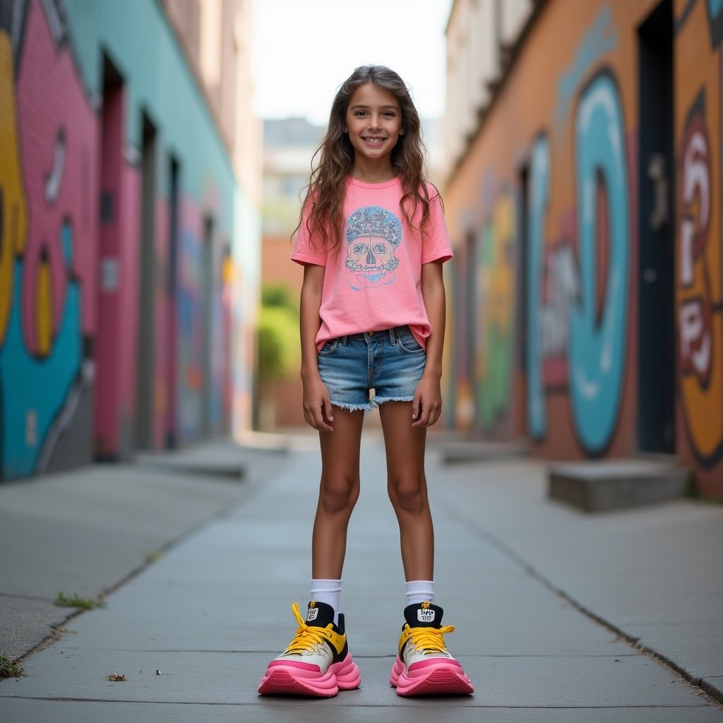 A girl standing in an urban setting wearing oversized shoes. She is dressed in a pink shirt and denim shorts. The background features colorful graffiti walls. The composition captures a playful and trendy vibe.