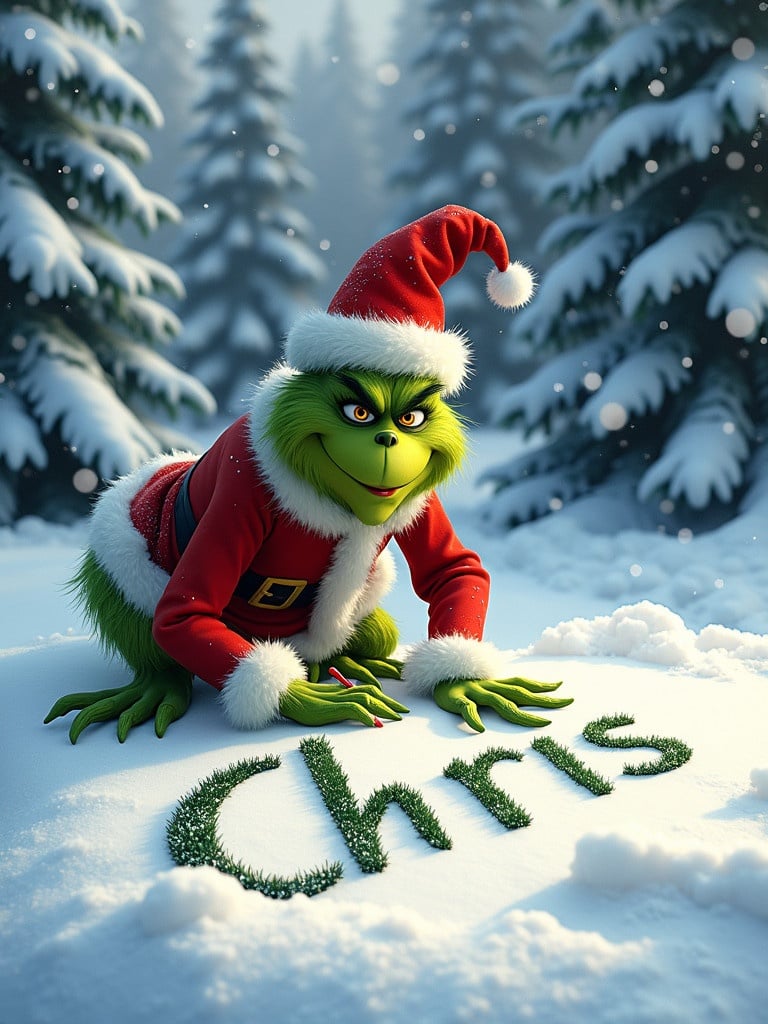 Image features a Grinch in a Santa suit writing the name Chris on fresh snow. Snowflakes fall gently. Tall snow-covered trees surround the scene. Grinch appears cheerful. Portrays the charm and magic of the holiday season.