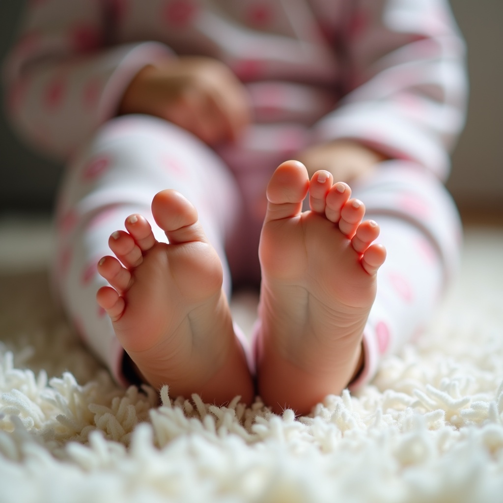 This image presents the feet of a very young child, highlighting a visible bunion on one foot. The child is seated on a soft, light-colored carpet that provides a cozy backdrop. The feet are neatly painted with light nail polish, adding a touch of care and attention. She wears floral-patterned pajamas that emphasize innocence. The soft, natural lighting beautifully illuminates her feet, drawing attention to their delicate nature. The close-up perspective showcases the intricate details, bringing focus to her foot health.