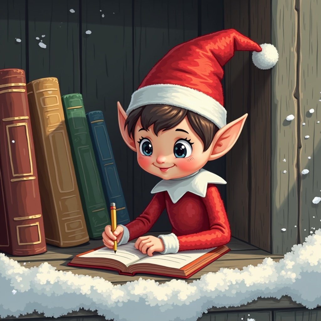 The image features a cute elf on the shelf sitting in a cozy nook surrounded by colorful books. This elf, adorned in a classic red outfit and a matching pointed hat, writes inside a large book with a joyful expression. The setting is snowy outside, creating a wintery atmosphere. The elf is focused on writing the name 'Huxley-Jai'. Snow is softly piled on the ledge. The background includes shelves filled with vibrant books, emphasizing a sense of adventure and story. It's a festive and cheerful scene that captures the joy of the holiday season.