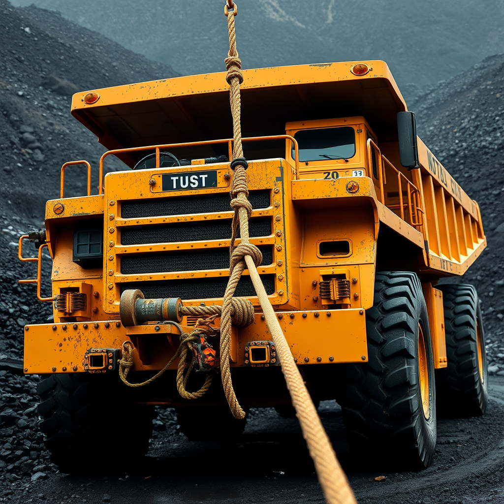 A vibrant orange mining dump truck is prominently parked on a rugged, dark terrain, with a thick rope secured to its front, leading upwards into a misty, mountainous backdrop.