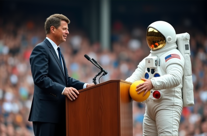 A man in a suit stands at a podium facing an astronaut holding a yellow ball.