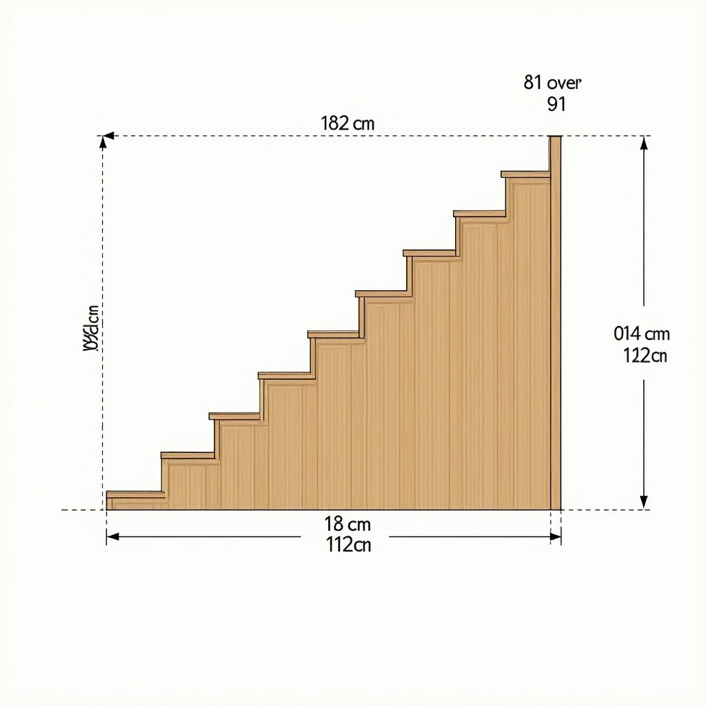 Design plan for wooden stairs and a ramp. Stairs height is 18.2 cm width of 84 cm depth is 30 cm total height reaches 91 cm. Last stair design noted as 84 over 84.