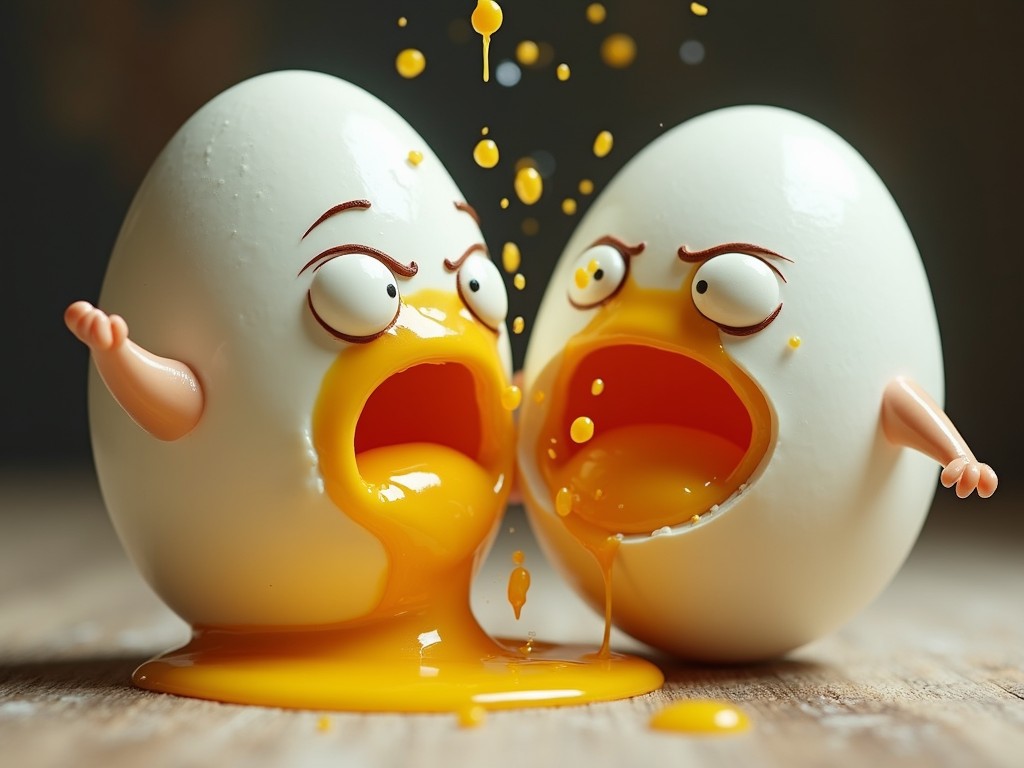 This image creatively features two animated eggs with expressive faces, seemingly in an animated discussion or argument. The eggs have small human-like arms and exaggerated facial features, including large eyes and wide-open mouths with expressive yolk dripping out. The vivid yellow yolk contrasts sharply against the polished white of the eggshells.