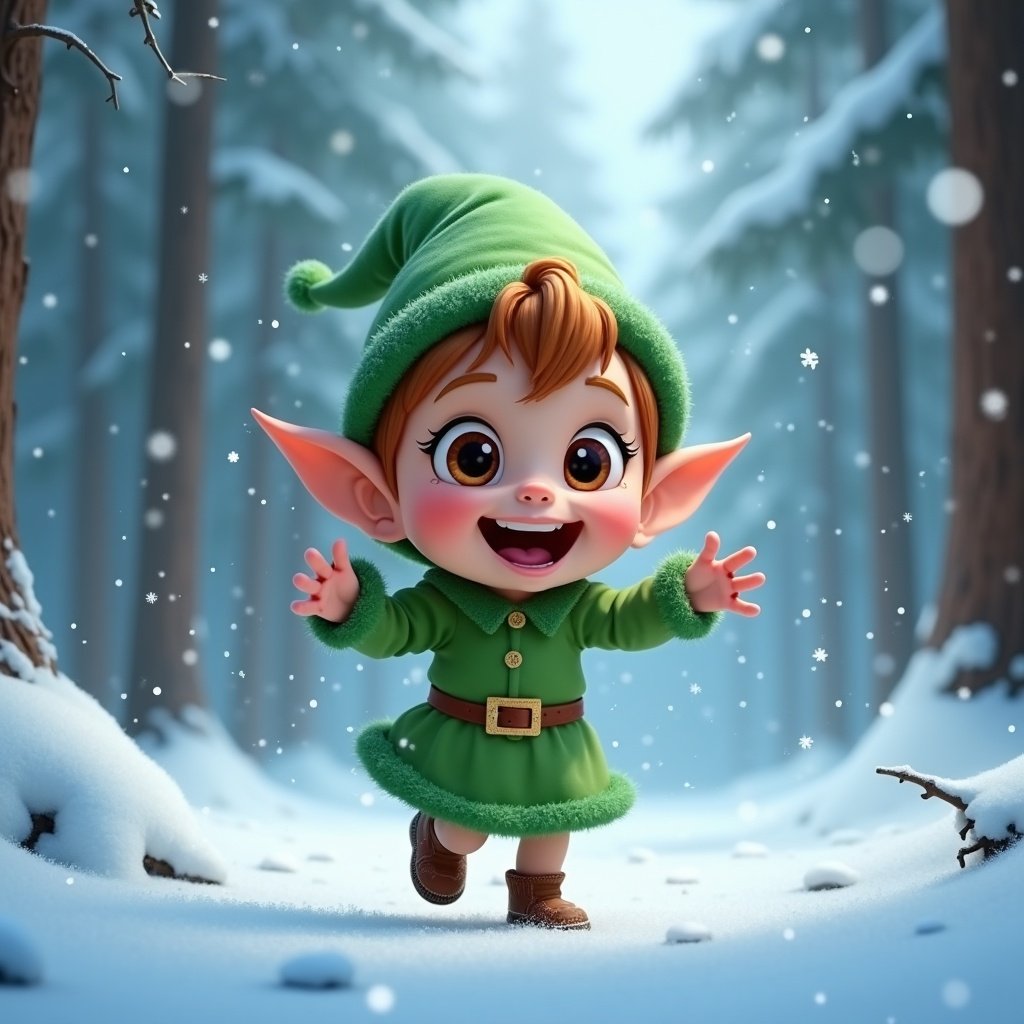 A cute elf named Evi joyfully plays in a snowy forest. She wears a vibrant green outfit and matching pointed hat. The scene has falling snowflakes, creating a magical atmosphere. Frosty has big expressive eyes and a wide smile. The background shows tall, snowy trees in a whimsical winter wonderland.