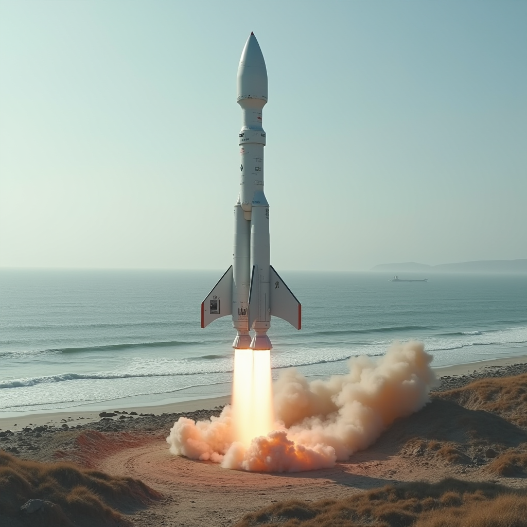 A white rocket is launching near the ocean, with large flames and smoke below it.