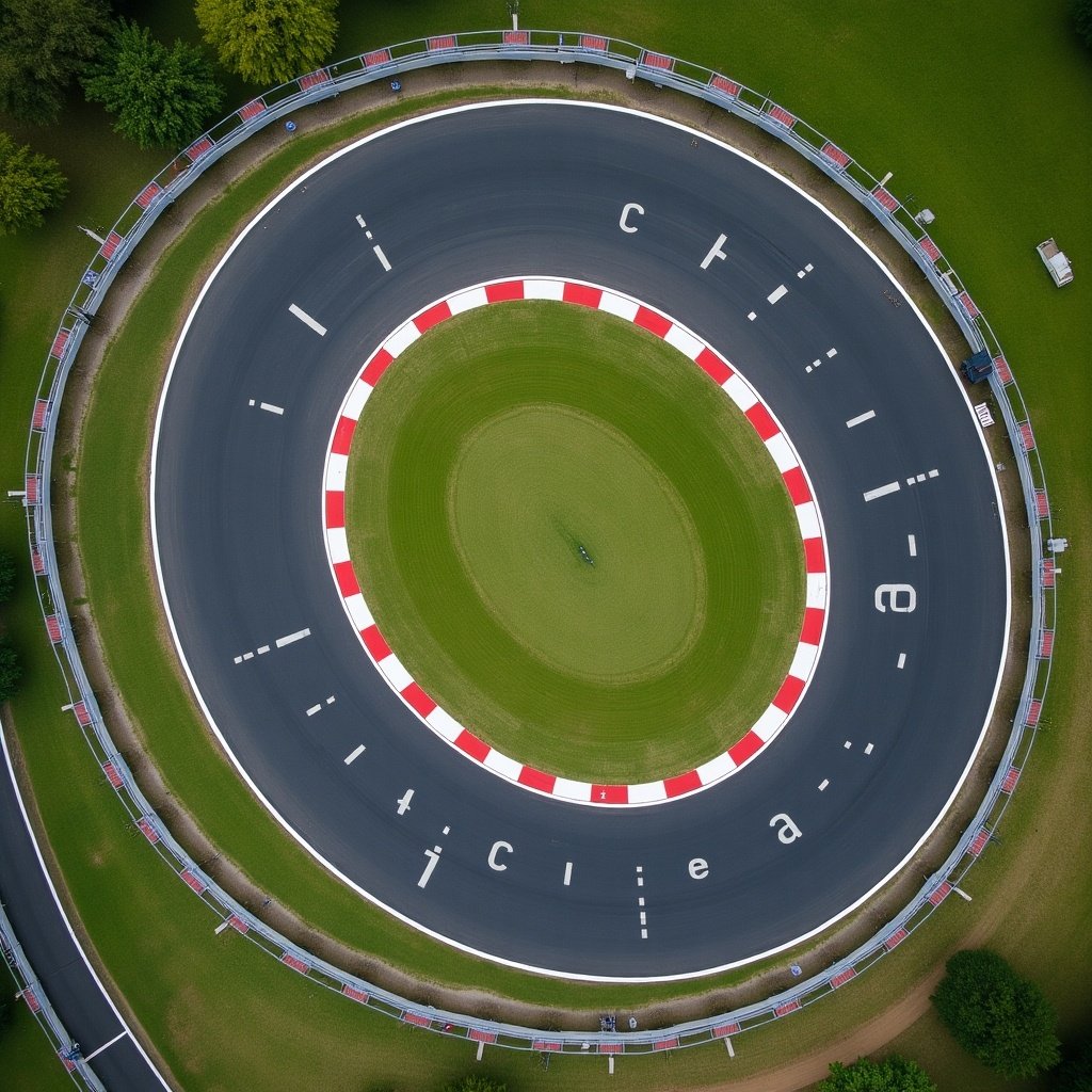 Aerial view of a circular racing track. The track is bordered by red and white curbing. The center of the track is green grass. The image captures the details of the racing surface.