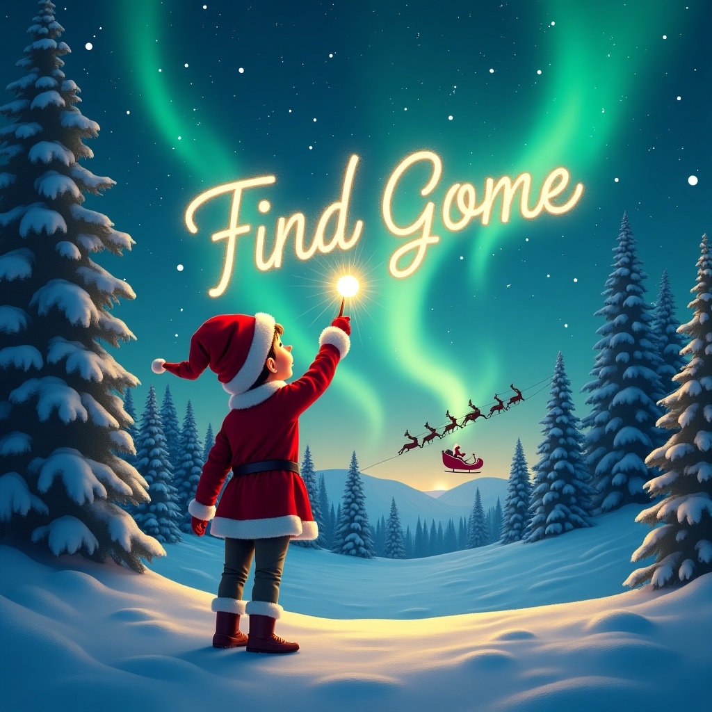 The image depicts a festive scene where a young elf is facing away from the viewer, gazing up at the magical sky. Using a wand, the elf writes a child's name in glowing script against a backdrop of enchanting northern lights. The landscape is filled with snow-covered trees, creating a winter wonderland ambiance. In the distance, Santa Claus can be seen flying in his sleigh, adding to the holiday cheer. The overall feel is whimsical and joyful, perfect for capturing the spirit of Christmas.