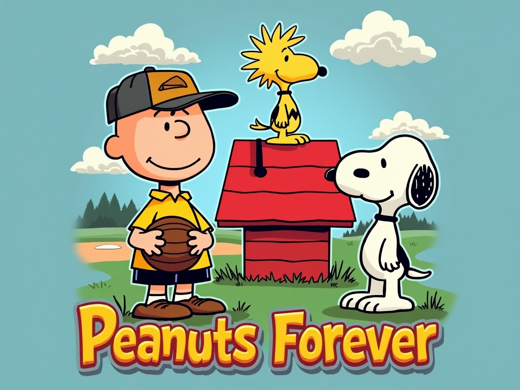 This charming illustration captures a scene with three iconic characters standing around a red doghouse in a serene outdoor setting. The bright, cartoonish style and cheerful colors evoke nostalgia and warmth. The image highlights friendship and playfulness, embodied by the characters' dynamic poses and smiling faces.