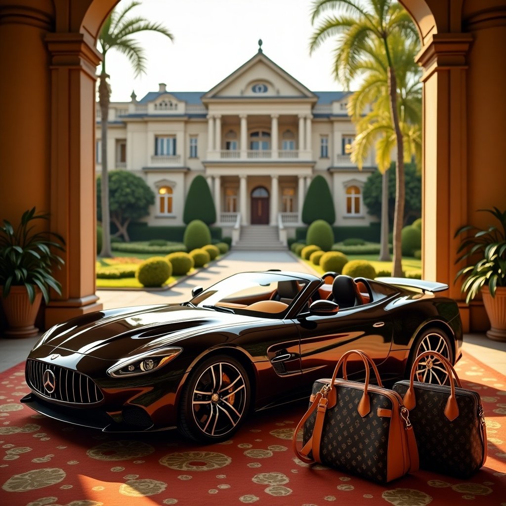 Image of a luxury car in front of a mansion with luxury bags. Showcases wealth and exclusiveness.