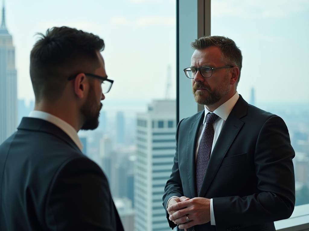 The image captures two serious men engaged in a conversation in a modern office. One man appears to be listening attentively, while the other speaks with a composed demeanor. They are dressed in formal business attire, radiating professionalism. The backdrop features a stunning view of skyscrapers and the Empire State Building, accentuating their corporate environment. The natural light streaming through the window enhances the seriousness of the moment, reflecting a high-stakes dialogue.