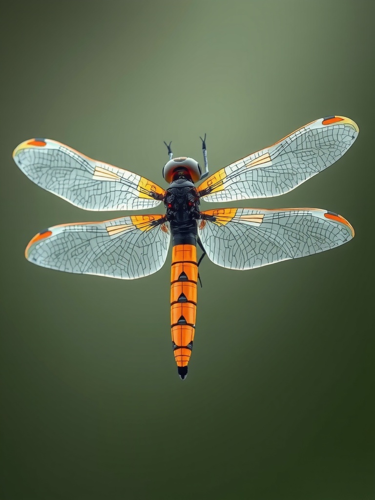 This image captures a close-up of a dragonfly with a striking orange and black striped body. Its intricate, transparent wings display a detailed network of veins accentuated with vibrant orange spots. The dragonfly is set against a softly blurred green background, creating a serene and natural atmosphere.