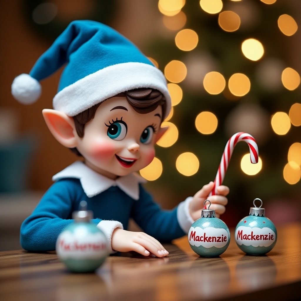 This image features a charming Christmas elf dressed in cheerful blue attire, complete with a festive hat. The elf is intently focused on writing names on decorative baubles at a wooden table. With a playful expression, the elf enhances the holiday spirit by holding a red and white candy cane. Surrounding the elf are various holiday decorations, while a softly lit Christmas tree adorned with twinkling lights sets a warm background. The scene immediately evokes a sense of holiday cheer and delightful anticipation, perfect for the festive season. One of the names being written on the baubles is 'Mackenzie', offering a personal touch to the decorations.