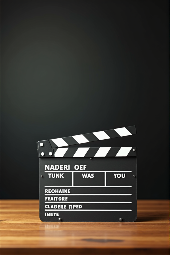 A classic black and white clapperboard sits on a wooden surface against a dark background.