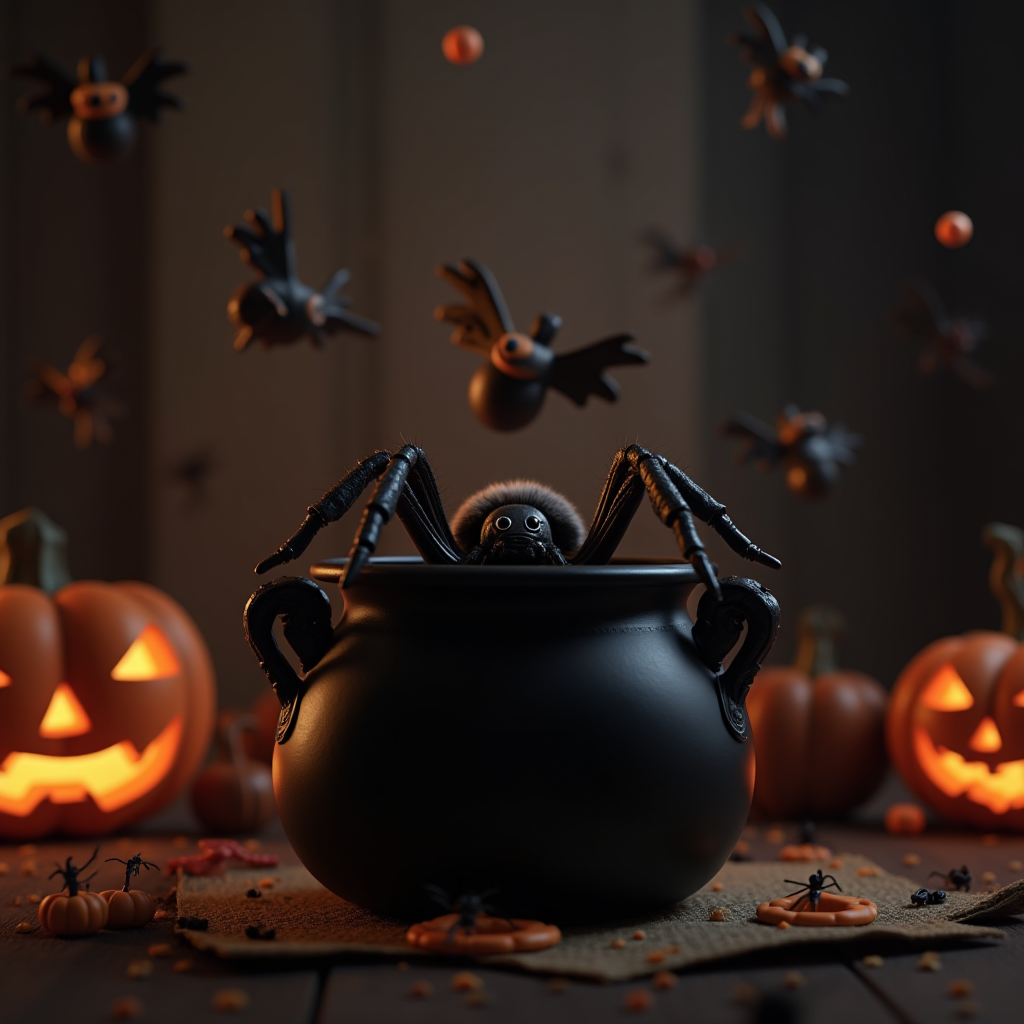 A fluffy black spider peeks out from a cauldron surrounded by flying cartoon bats, glowing jack-o'-lanterns, and festive Halloween decorations.