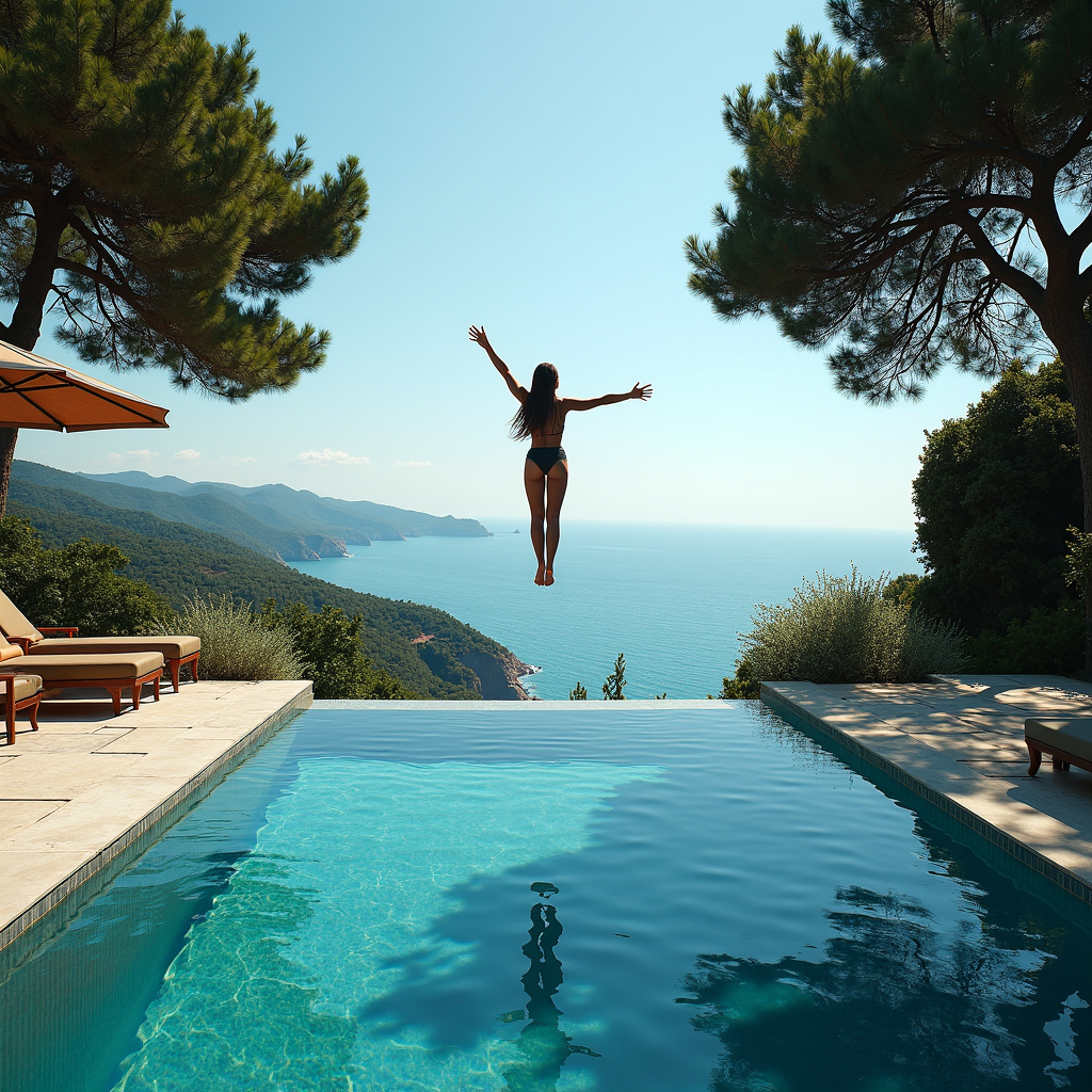 A person jumps joyfully into an infinity pool with a breathtaking ocean view.