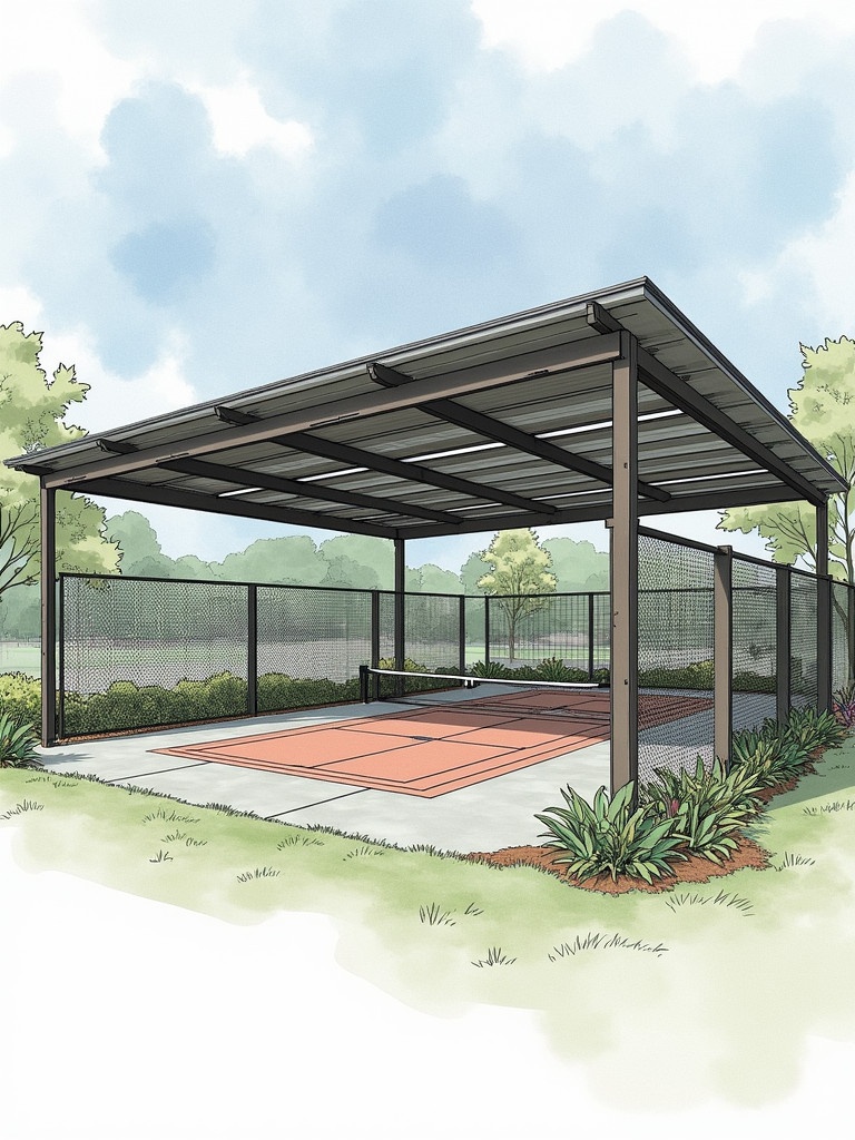 Illustration of a standard pickleball court. Features metal roofing. Includes steel structural support. Open space around the court with plants. Soft clouds in the background.