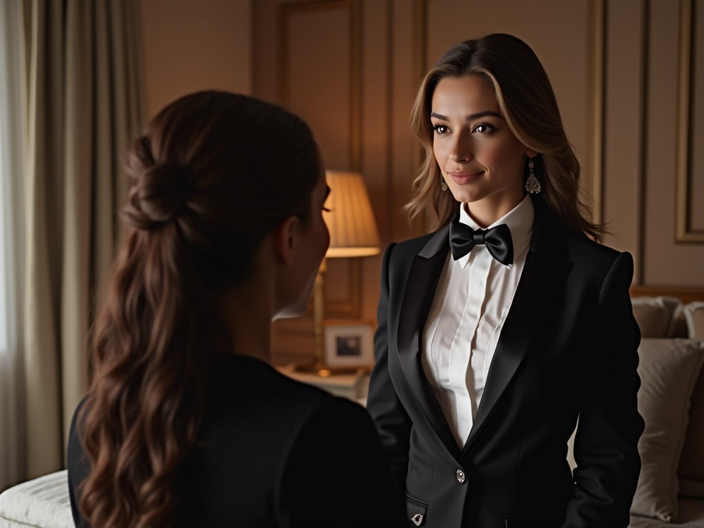 Two women in tuxedos are in a bedroom. One woman is receiving hypnosis from the other. The environment is luxurious and intimate. The lighting is soft and warm. Both women are well-dressed.