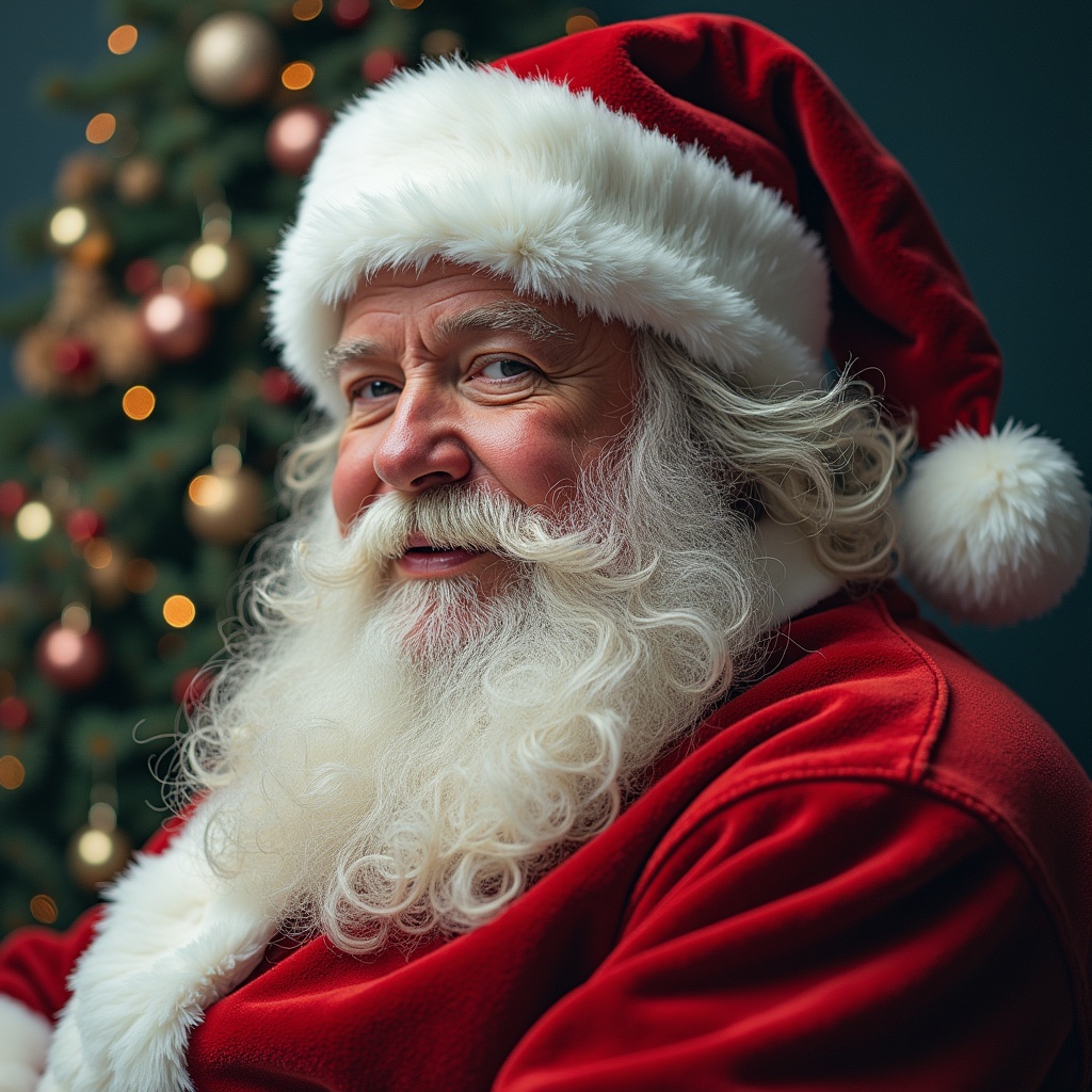 This image features a joyful Santa Claus, captured while seated. He has a full white beard and is wearing a classic red suit with a fluffy white trim. The background is adorned with a Christmas tree decorated with ornaments and lights, enhancing the festive mood. Santa's expression is warm and inviting, evoking feelings of joy and holiday cheer. This image captures the essence of the holiday season, making it perfect for various holiday-themed materials.