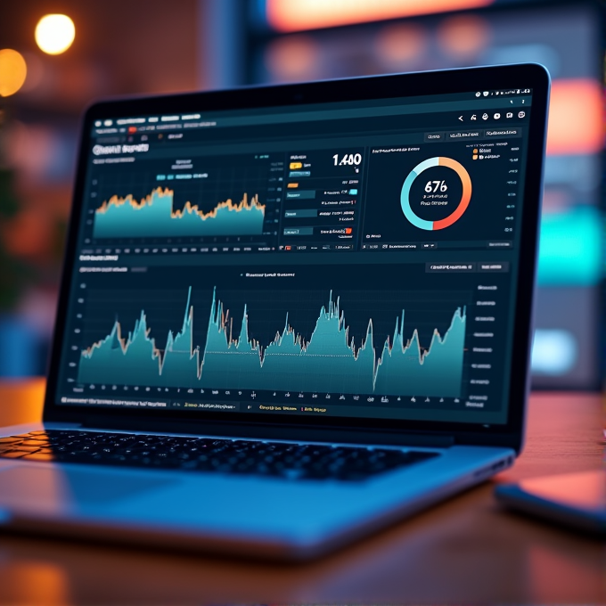 A laptop displays various graphs and charts analyzing data in a dimly lit room.