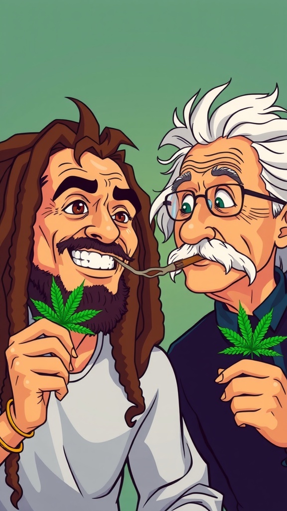 This whimsical illustration features two characters with distinct appearances, each holding a cannabis leaf. One character has long dreadlocks and a playful grin, while the other has wild white hair and a curious expression. The image has a cartoonish style, with bright and vivid colors, conveying a sense of humor and camaraderie between the two figures.