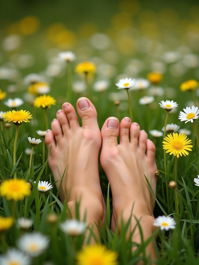 Close-up view of feminine beautiful soles of feet lying in grassy field full of small white daisies and bright yellow dandelions. Vibrant green grass and flowers create bright playful natural atmosphere. Soft natural lighting suggests sunny day in spring or summer.