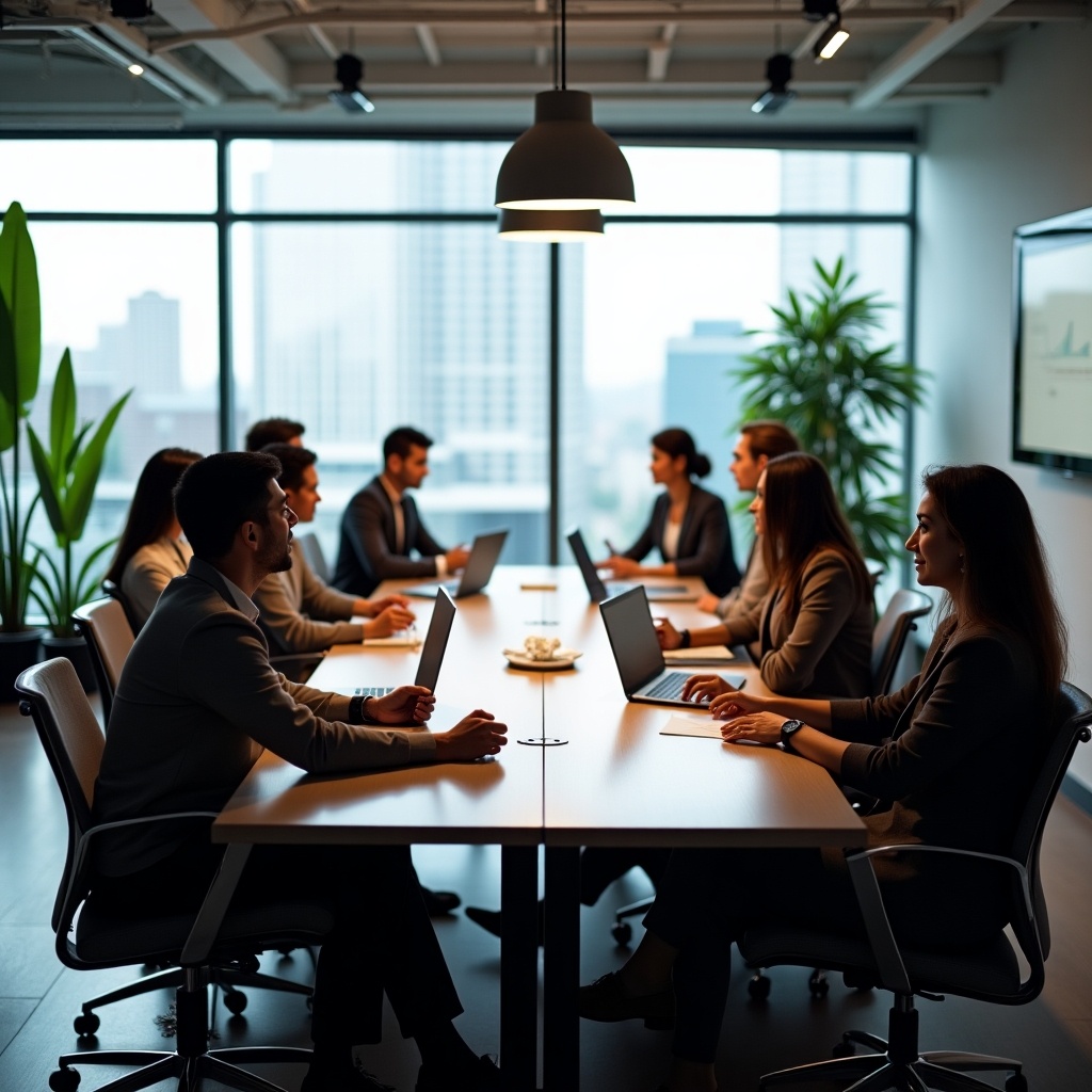 The image captures a professional business meeting taking place in a modern conference room. A group of eight individuals, representing a diverse mix of genders and ethnicities, is seated around a long table. They are focused on their laptops and engaged in discussions, demonstrating a collaborative work environment. Large windows allow natural light to fill the space, creating an inviting atmosphere. Green plants are arranged strategically, enhancing the room's aesthetic. A presentation screen in the background indicates that this is a structured meeting with shared objectives.