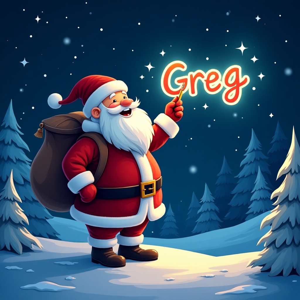 Christmas scene features Santa Claus with a big bag. Santa writes the word 'Greg' in the night sky using a colorful glow pen. Scenic snowy landscape shows trees and twinkling stars.