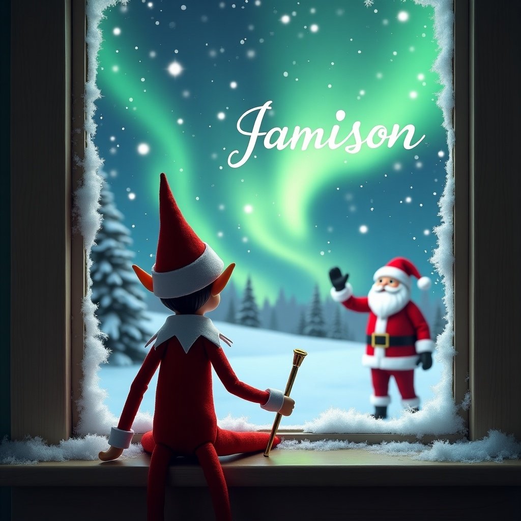 Elf on the shelf with back facing viewer. Elf looks at sky with a wand. Northern lights in background. Santa appears outside window. 'Jamison' written on frosty window.