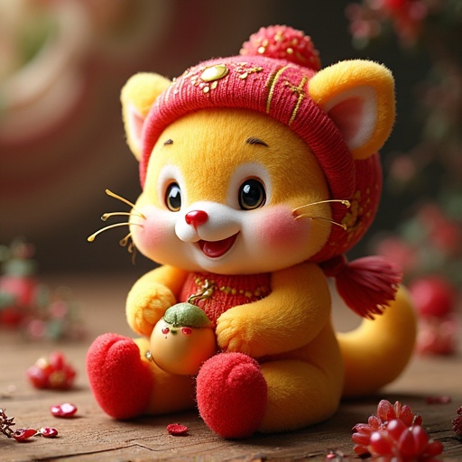 Cute cat plush toy with a bright yellow color. It wears a red festive hat and holds a small green ornament. The background is decorated with soft bokeh and floral elements. Focus on its joyful expression. Perfect for children's toys and seasonal decorations.