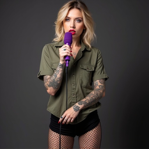 Young charming beautiful woman holding a purple microphone. She poses confidently. She has tattoos on her arms and legs. She wears a dress shirt and black sneakers. The image captures her whole body.