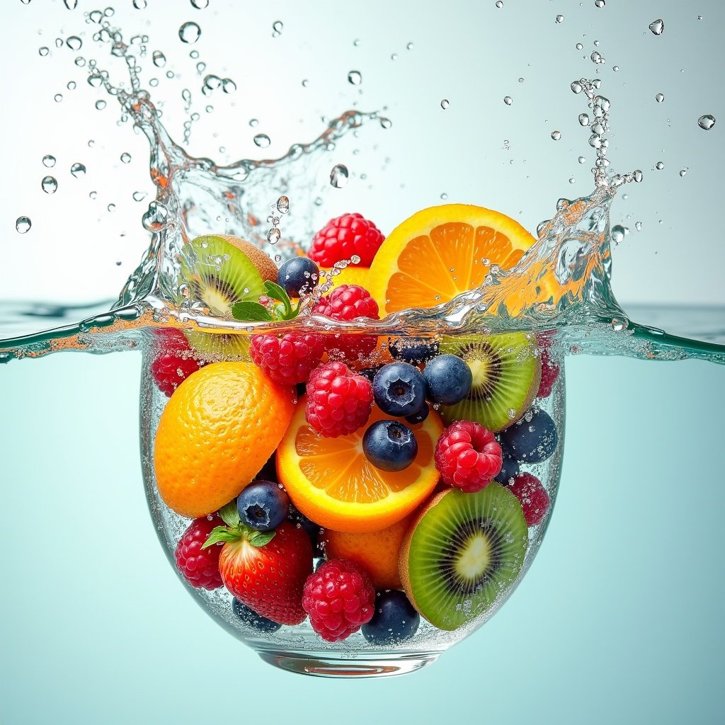 Assorted fruits including oranges strawberries blueberries raspberries kiwi splashing into clear water light background. Vivid colors and freshness captured.